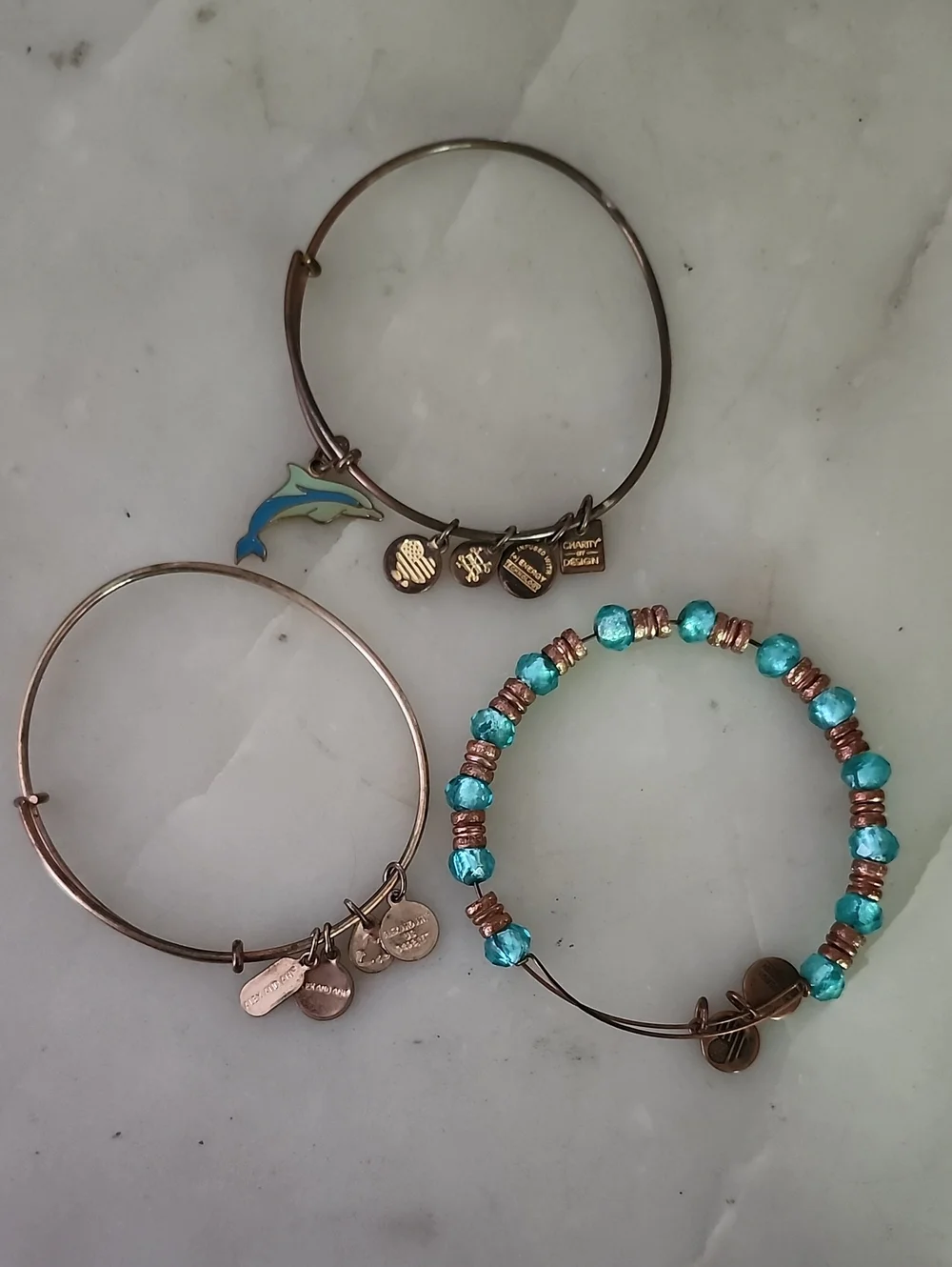 Alex and Ani Turquoise Beaded Bangle, Dolphin Charm Bangle, & Gold Tone Bangle